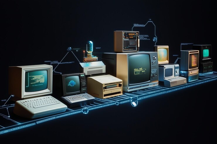Foto una imagen de línea de tiempo que muestra la transformación de la tecnología informática a partir de principios
