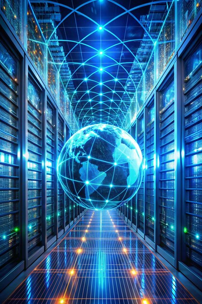 Imagen de líneas de neón procesamiento de datos a través de servidores computación de seguridad en línea global y concepto de procesamiento de data imagen generada digitalmente