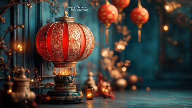 una imagen de una linterna con un árbol de Navidad en el fondo