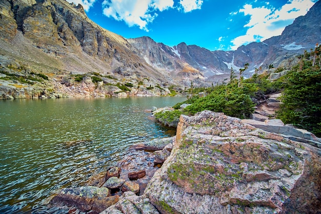 Imagen de liquen verde sobre gran roca descansando en el lago rodeado de montañas