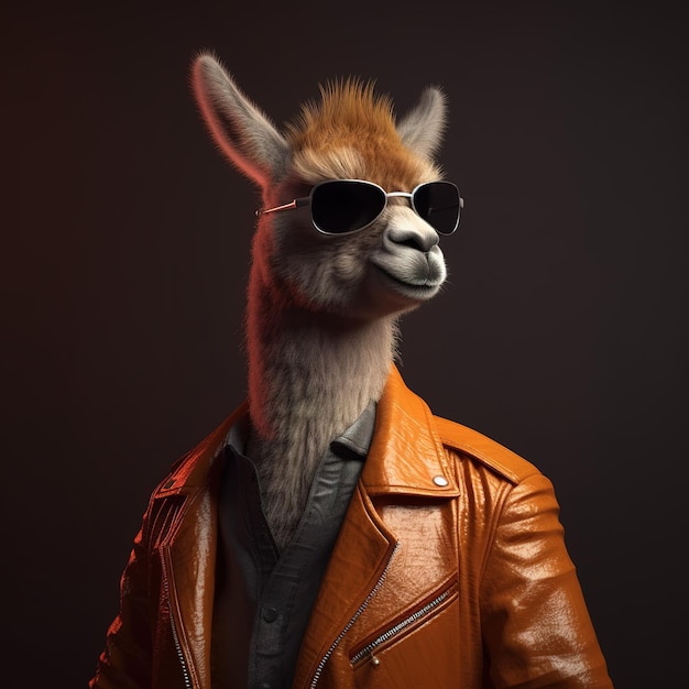 Imagen de una llama con una chaqueta de cuero y gafas de sol sobre un fondo limpio Ilustración de animales salvajes IA generativa