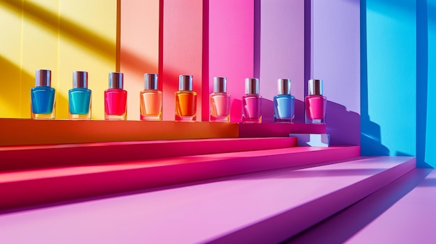 Una imagen llamativa con botellas de esmalte de uñas sin marca en colores vibrantes