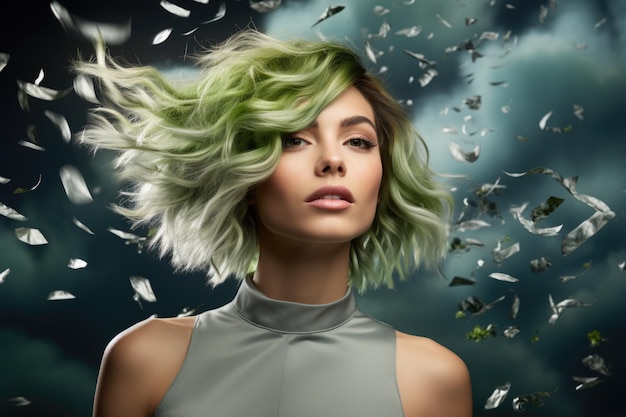 Foto imagen llamativa de una mujer con cabello verde vibrante y plumas girando a su alrededor