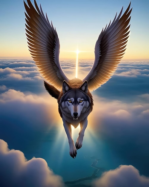 Una imagen de un lobo con alas y alas volando por encima de las nubes.