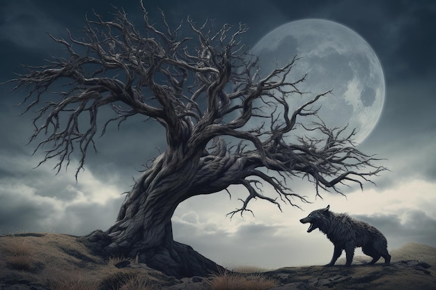 Imagen de un lobo y un árbol grande en la noche Ilustración de animales salvajes AI generativa