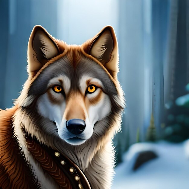 Una imagen de un lobo con un collar y un collar que dice "lobo" en él