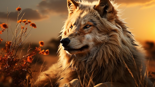 Imagen de un lobo majestuoso descansando en el crepúsculo