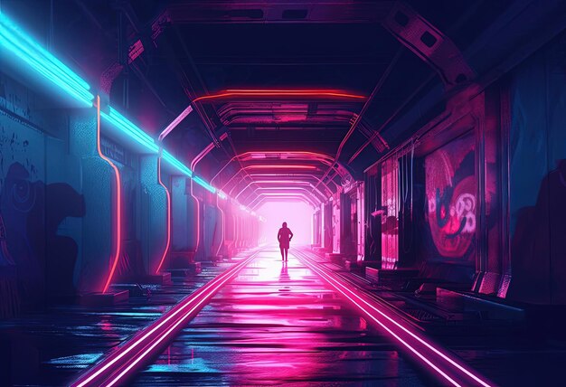 una imagen con luces de neón en un túnel