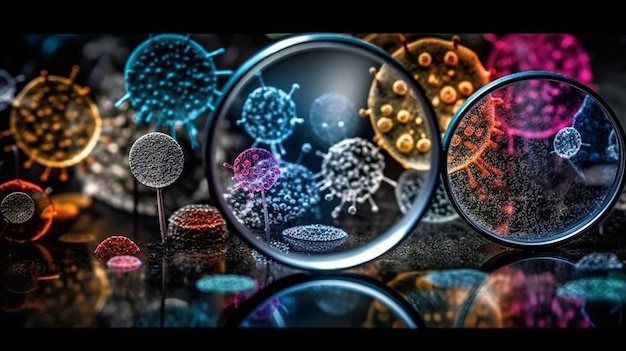 Una imagen de una lupa con virus de microbios