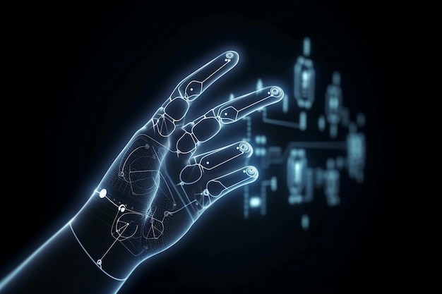 Una imagen de luz de neón azul de una mano con las palabras "robot" en ella.