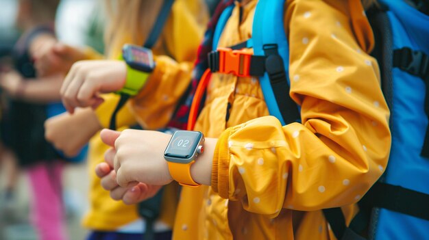 Una imagen macro captura las manos de los niños que llevan relojes inteligentes que promueven una alimentación saludable durante el almuerzo después de la escuela