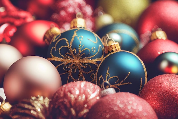 Imagen macro de coloridos adornos navideños Montón de decoraciones festivas navideñas foto de archivo