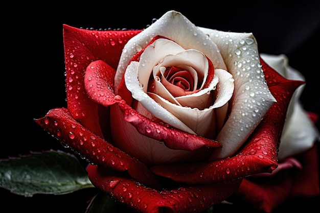 Imagen macro de un fondo negro con rosas rojas y blancas