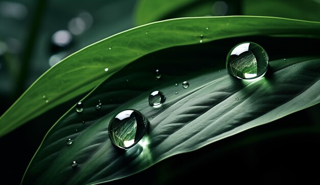 Imagen macro de gotas de agua en una hoja verde árbol forestal de fondo natural
