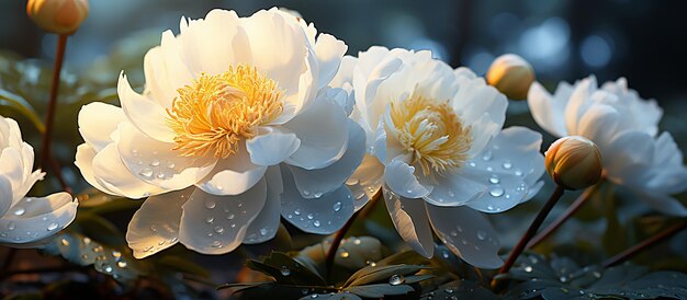 Imagen macro de una hermosa flor de peonía blanca y suave con detalles delicados