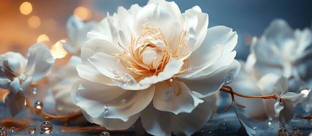 Imagen macro de una hermosa flor de peonía blanca y suave con detalles delicados