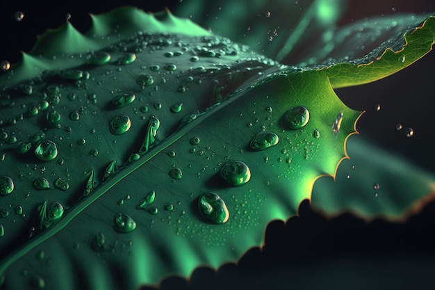 Imagen macro de una hoja verde con gotas de agua