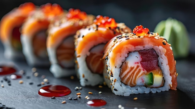 Una imagen macro intrincada de un rollo de sushi perfectamente elaborado que destaca los detalles meticulosos