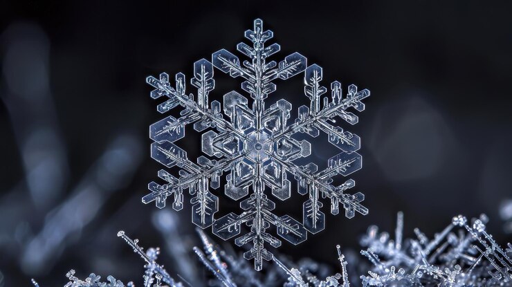 Una imagen macro de un intrincado copo de nieve que destaca su diseño simétrico y detalles cristalinos