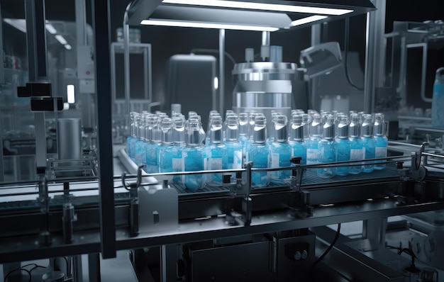 Imagen macro de la línea de producción de ampollas médicas en la fábrica farmacéutica moderna Las ampollas de vidrio se están llenando Proceso de fabricación de medicamentos