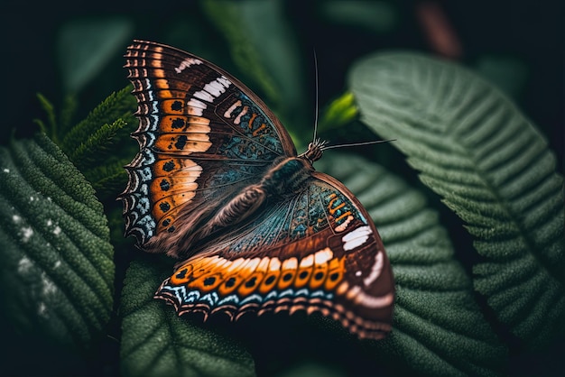 una imagen macro de una mariposa descansando sobre algunas plantas