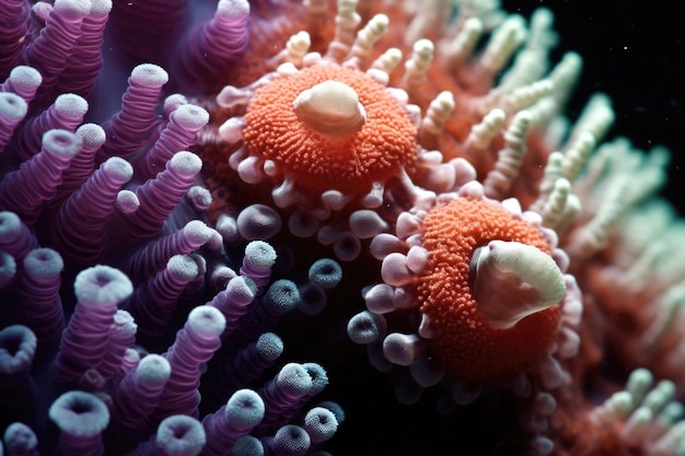 Imagen macro de pólipos de coral que capturan organismos diminutos