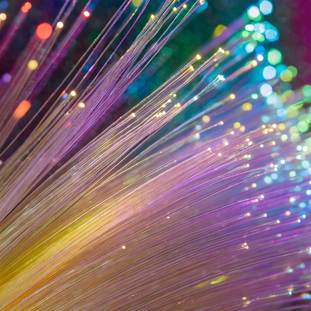 una imagen macro de primer plano de una fibra óptica multicolor y vibrantemente brillante