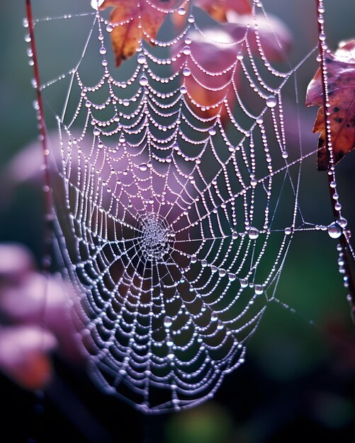 Imagen macro de una telaraña cubierta de rocío al estilo de la fotografía de naturaleza IA generativa