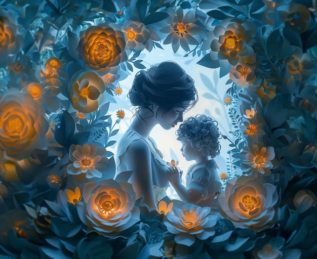 una imagen de una madre y un niño con flores y una mujer en un vestido blanco