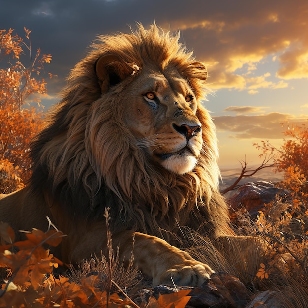 Imagen de un majestuoso león descansando en el crepúsculo