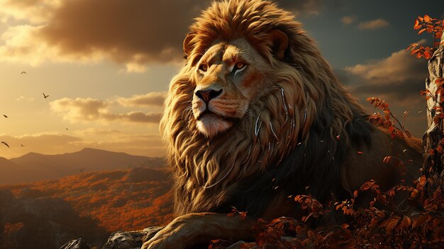 Imagen de un majestuoso león descansando en el crepúsculo