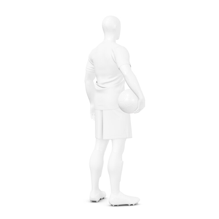 Foto una imagen de un maniquí de fútbol masculino completo con la pelota aislada sobre un fondo blanco