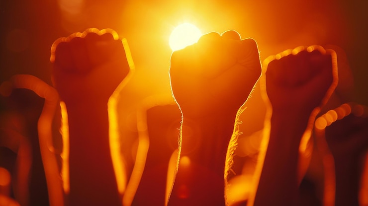 Foto imagen de una mano levantada apretando un puño símbolo de unir fuerzas o trabajar juntos como un equipo