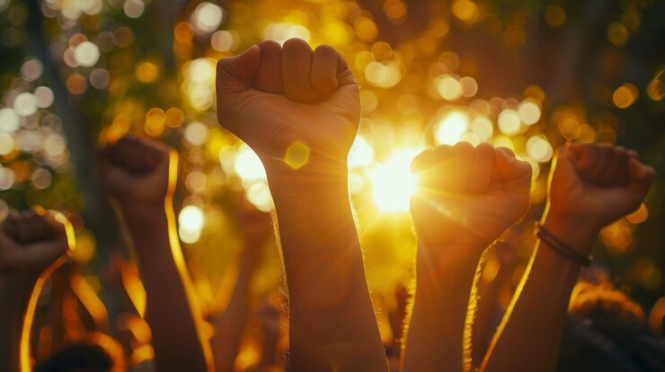 Foto imagen de una mano levantada apretando un puño símbolo de unir fuerzas o trabajar juntos como un equipo