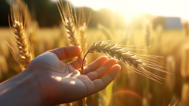 Imagen de la mano de una persona sosteniendo una espiga de trigo en un campo AI generada