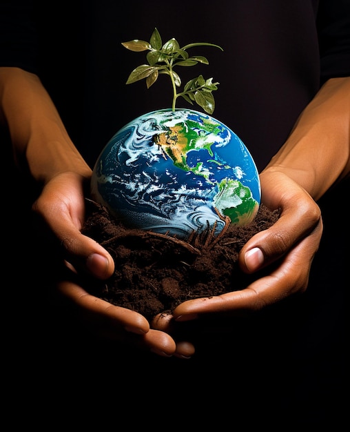 Foto imagen de una mano sosteniendo una planta en el suelo