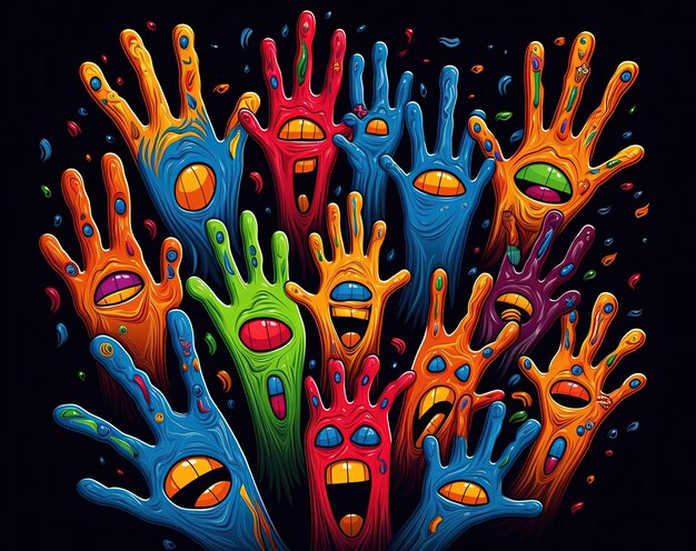 Foto una imagen de manos alegres y coloridas en el estilo de impresiones gráficas de humor oscuro