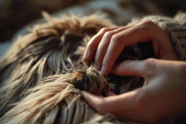 En la imagen, las manos separan suavemente el pelaje de un animal para inspeccionar su piel y revela una garrapata visible o un pequeño insecto.