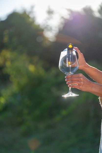 Imagen con manos vertiendo vino blanco en una copa de vino en un ambiente natural