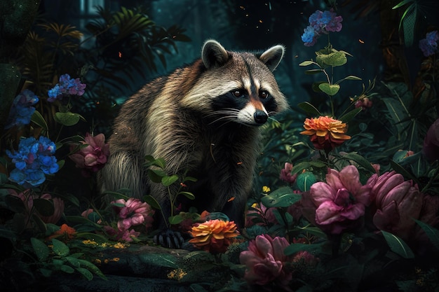 Imagen de mapaches en coloridos jardines de flores tropicales Ilustración de animales salvajes AI generativa