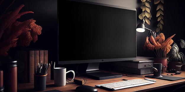 Imagen de maqueta de una computadora portátil con una pantalla de escritorio en blanco en una mesa en un café moderno con fondo natural Generado por IA