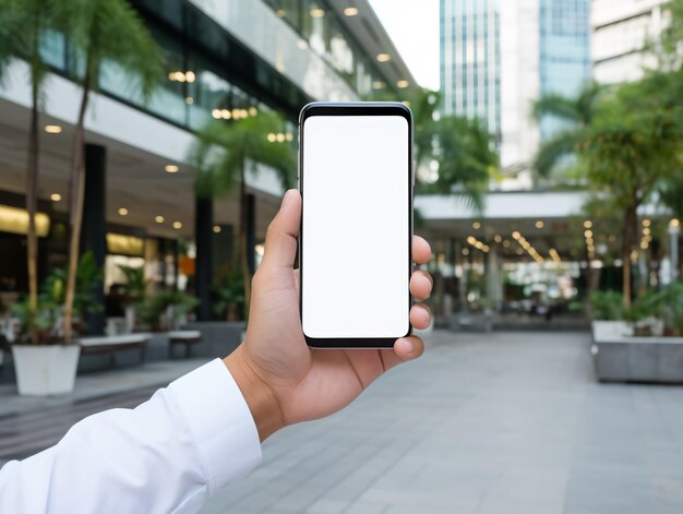 Imagen de maqueta de una mano sosteniendo un teléfono móvil blanco con una pantalla blanca en blanco