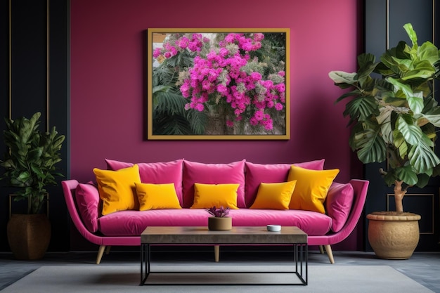 Imagen de maqueta de marco en una pared de color rosa oscuro, diseño interior vintage, concepto generativo de IA de estilo minimalista de sala de estar, apartamento contemporáneo