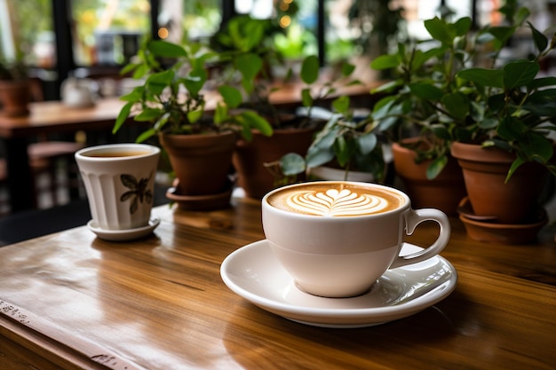 Imagen de maqueta de una tableta y una taza de café en una mesa de madera en una cafetería