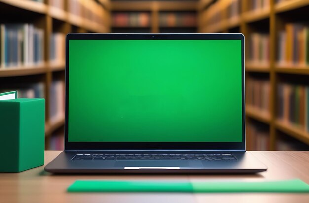 Imagen de maquillaje de una computadora portátil con pantalla verde en blanco en una mesa de madera en la biblioteca