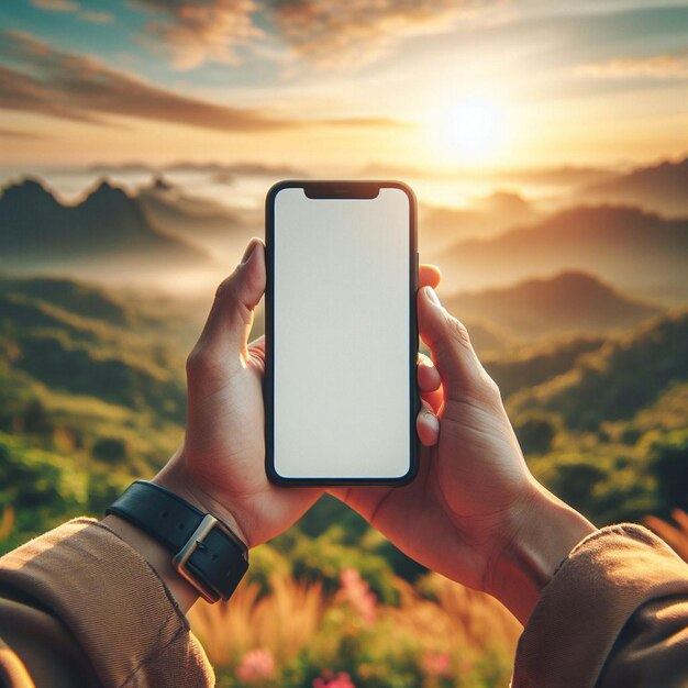 Foto imagen de maquillaje de manos sosteniendo un teléfono inteligente con una pantalla en blanco sobre un paisaje