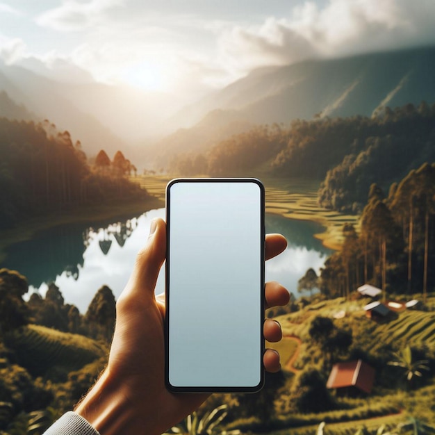 Imagen de maquillaje de manos sosteniendo un teléfono inteligente con una pantalla en blanco sobre un paisaje