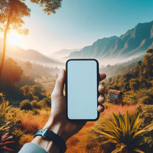 Imagen de maquillaje de manos sosteniendo un teléfono inteligente con una pantalla en blanco sobre un paisaje