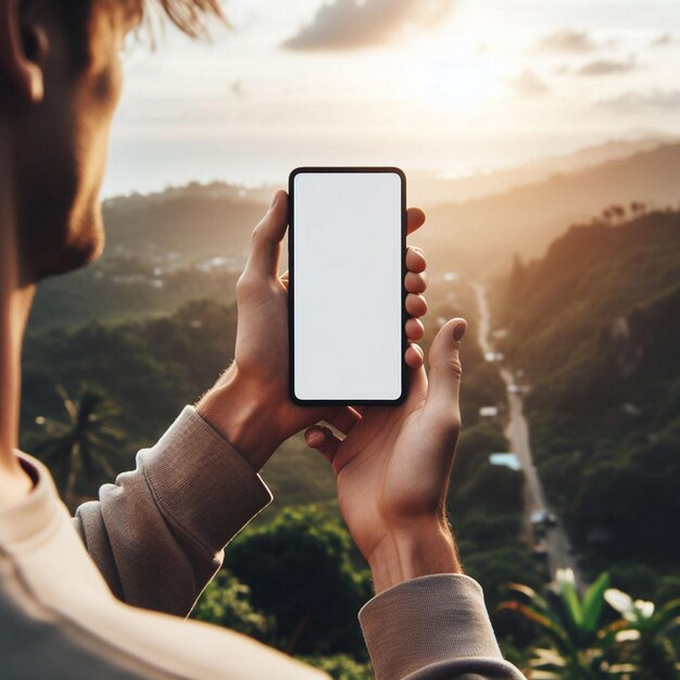 Foto imagen de maquillaje de manos sosteniendo un teléfono inteligente con una pantalla en blanco sobre un paisaje