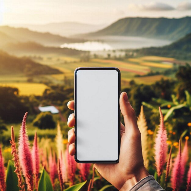 Foto imagen de maquillaje de manos sosteniendo un teléfono inteligente con una pantalla en blanco sobre un paisaje